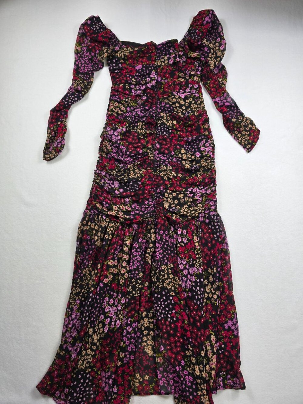 NEW Astr The Label XS Athena Midi Floral Ruched Dress Long Sleeve - Picture 7 of 9